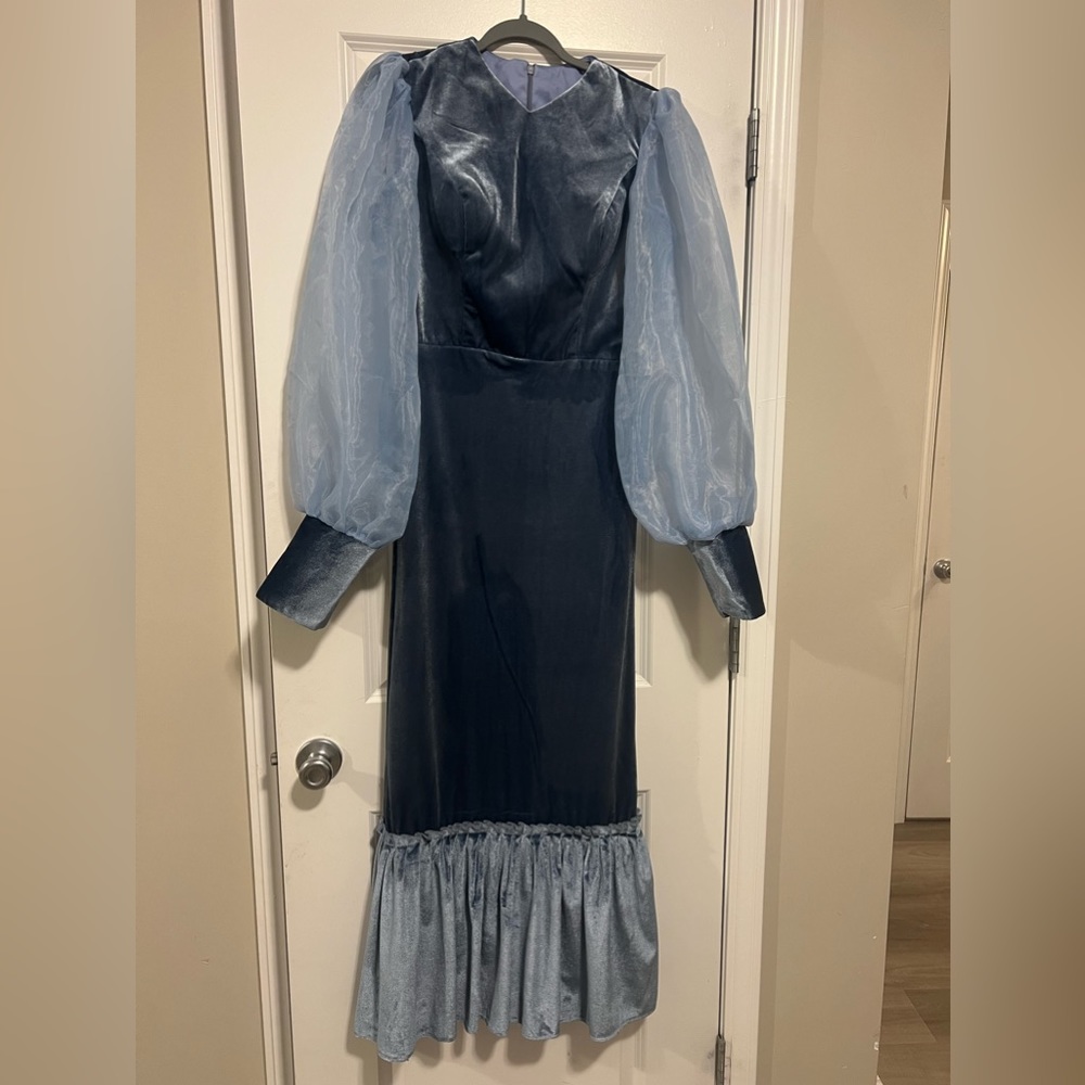 Custom made blue velour gown with organza sleeves